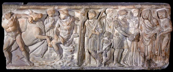 Sarkofag som föreställer Jason och den eldandande tjuren vid Colchis, 753-476 f.Kr. (marmor)
